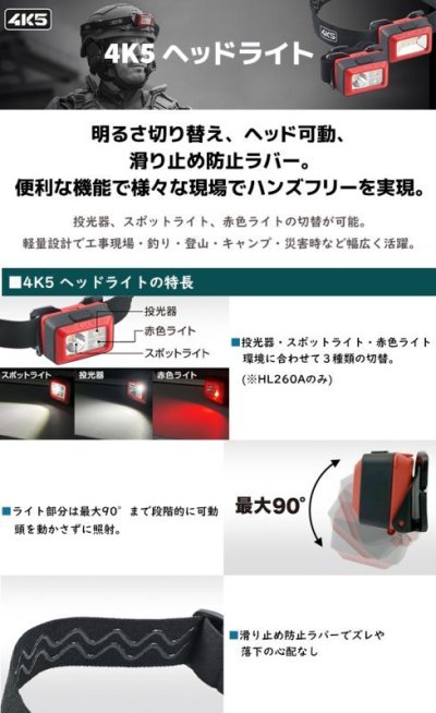 画像2: 4K5 ヘッドライト HL260A 260ルーメン ハンズフリー 防水 防塵  LED アウトドア 防災グッズ ライト